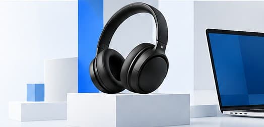 Wireless headphones on a display pedestal next to a laptop